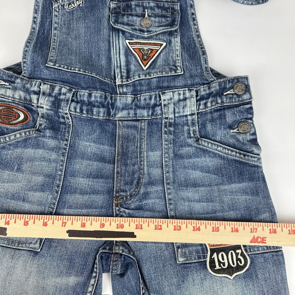 Harley Davidson Overalls Y2K Flare Leg Women's Sz 6 Patches Faded Logo Authentic - Picture 12 of 16